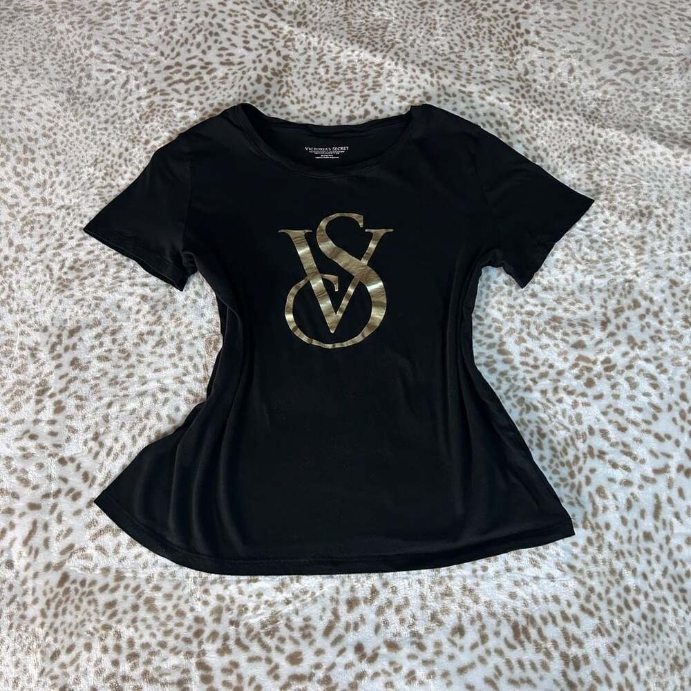 Victoria's Secret Logo T-Shirt Size M Black Gold Foil VS